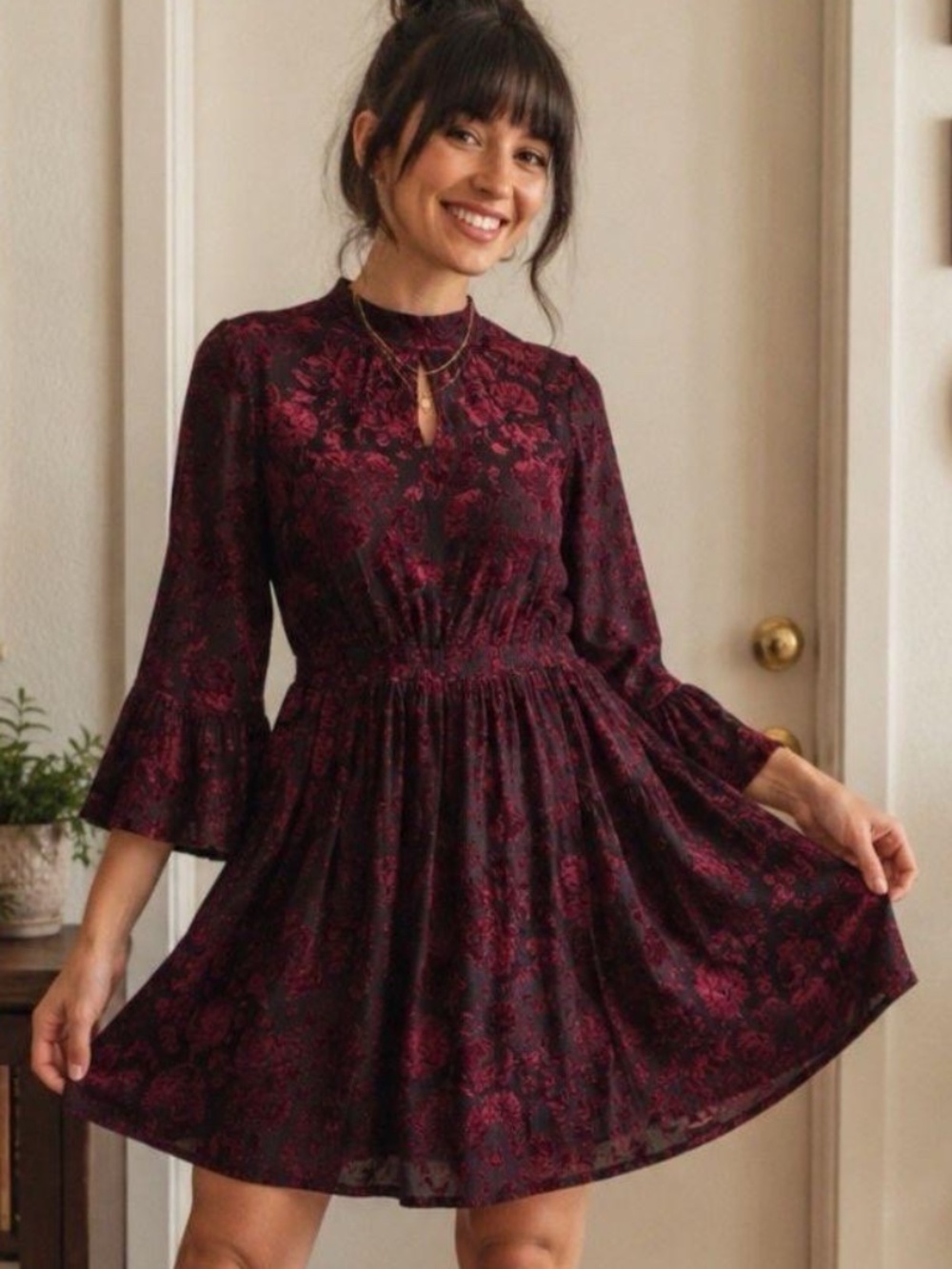 ModCloth Very Visionary Red Velvet Floral Burnout Mock Neck Party Dress SZ XL